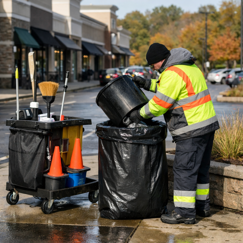 Uniformed porter emptying a trash receptacle at a North Hills shopping center parking lot with a utility cart and cleaning supplies nearby.